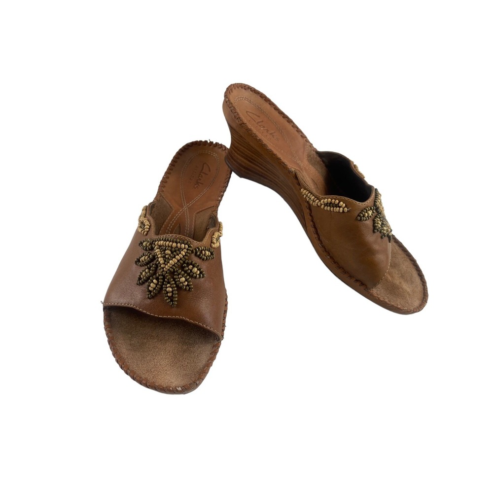 Clarks Artisan Empress Wedge Sandals Slides Women 8.5 Shoes Brown Leather Beaded